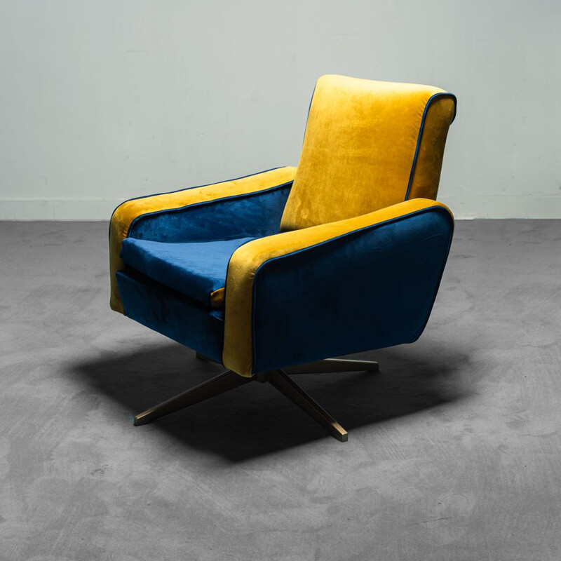 Vintage Prospect draaifauteuil in okergeel en blauw fluweel, 1960