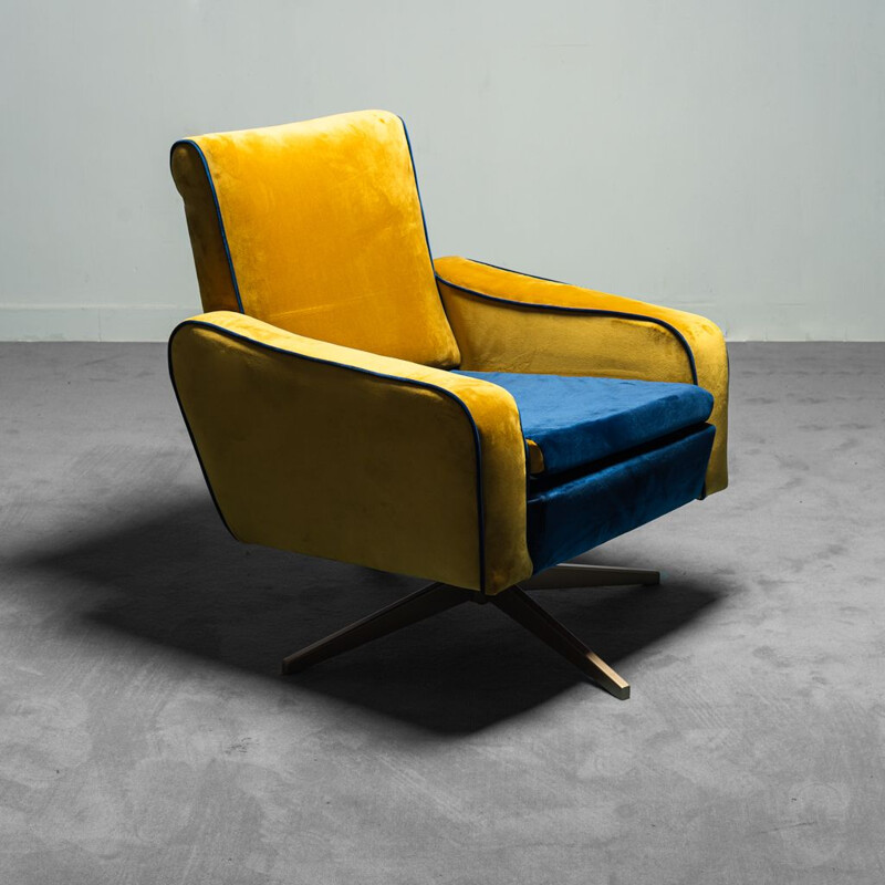 Vintage Prospect swivel armchair in yellow ocher and blue velvet, 1960s