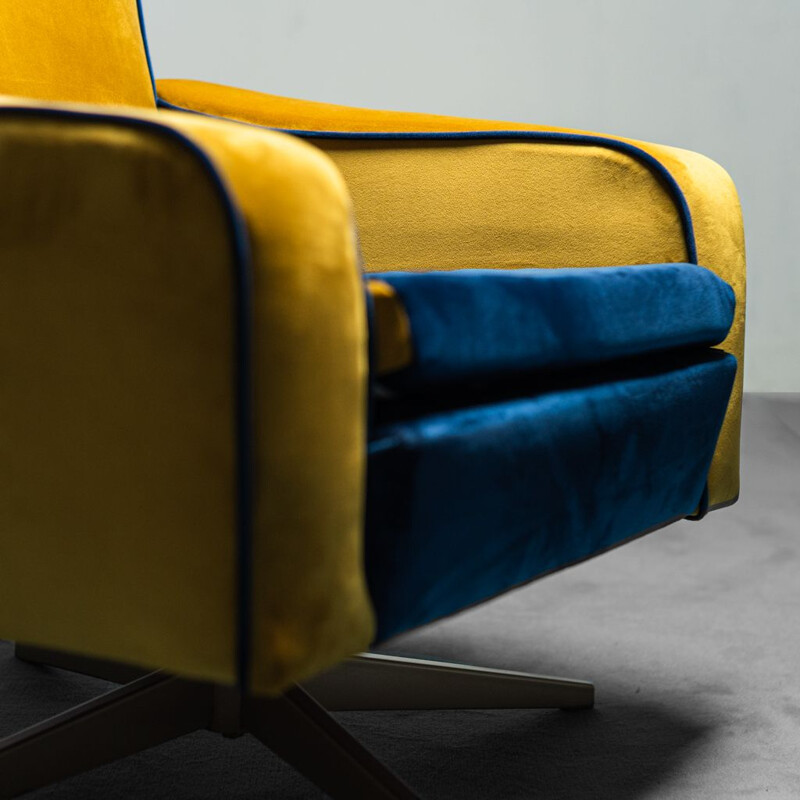 Vintage Prospect swivel armchair in yellow ocher and blue velvet, 1960s