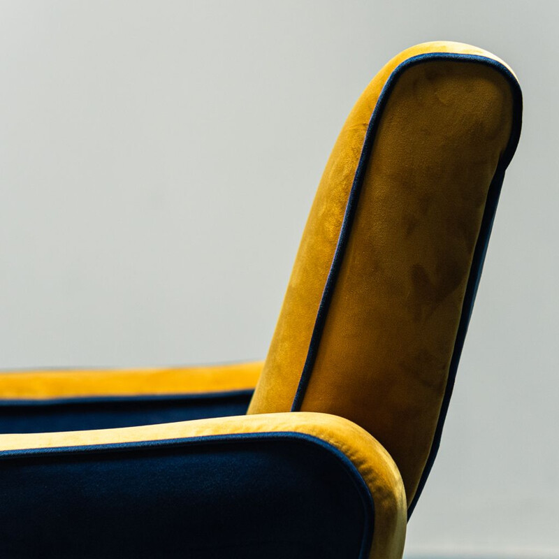 Vintage Prospect swivel armchair in yellow ocher and blue velvet, 1960s