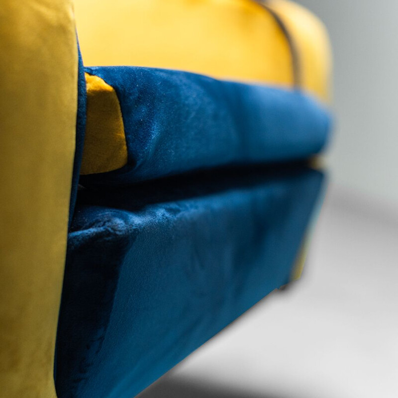 Vintage Prospect swivel armchair in yellow ocher and blue velvet, 1960s