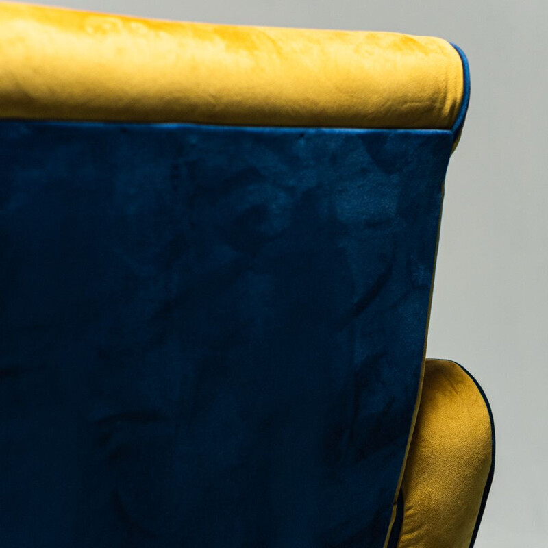 Vintage Prospect swivel armchair in yellow ocher and blue velvet, 1960s