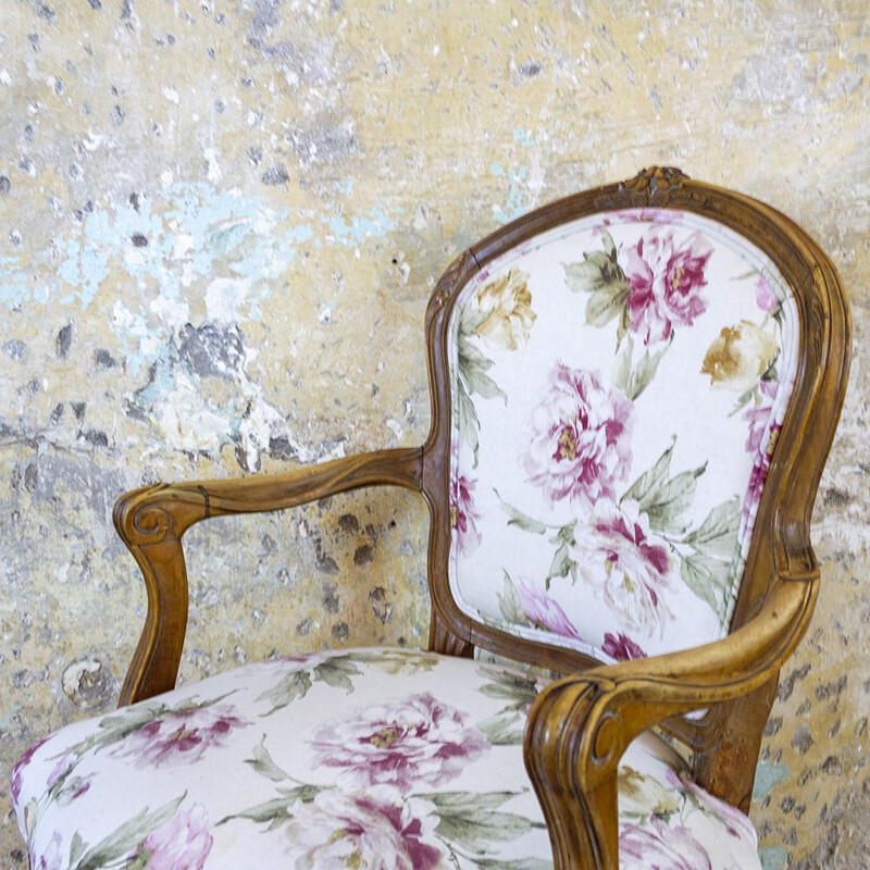 Vintage walnut wood and fabric armchair, Spain 1940s