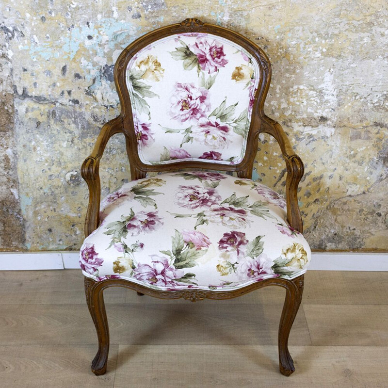 Vintage walnut wood and fabric armchair, Spain 1940s