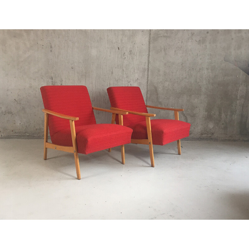 Pair of Czech lounge chairs in beech and red fabric - 1970s