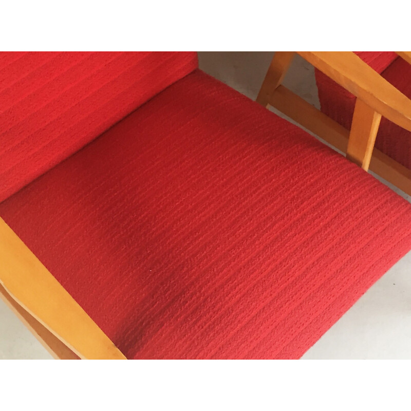 Pair of Czech lounge chairs in beech and red fabric - 1970s