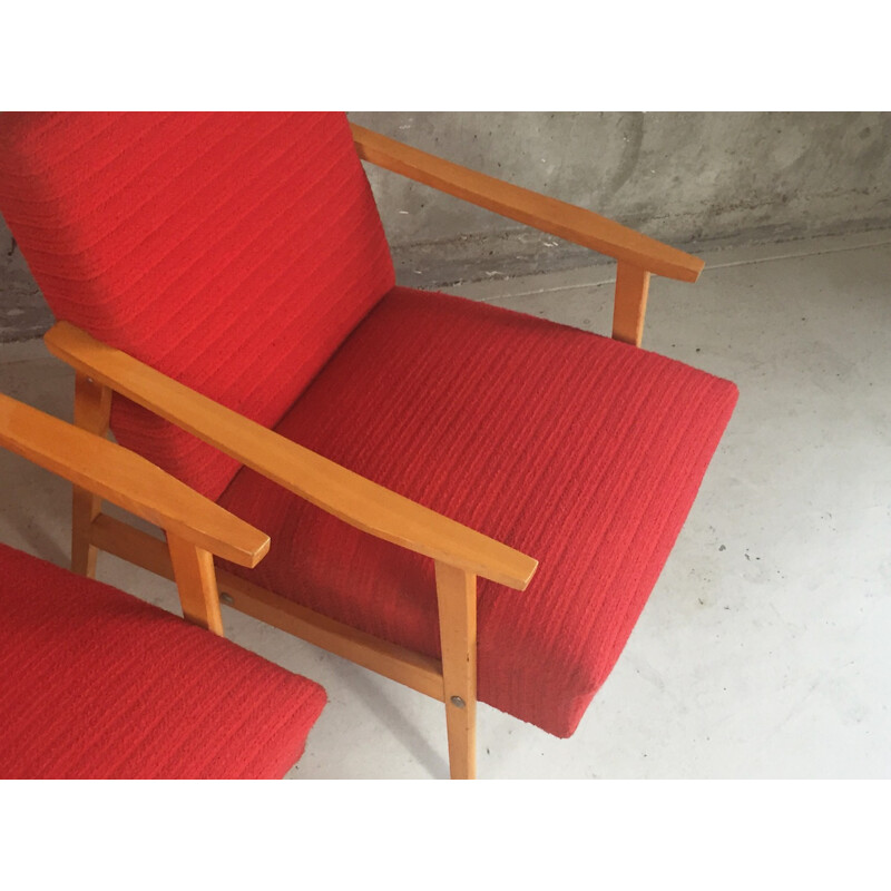 Pair of Czech lounge chairs in beech and red fabric - 1970s