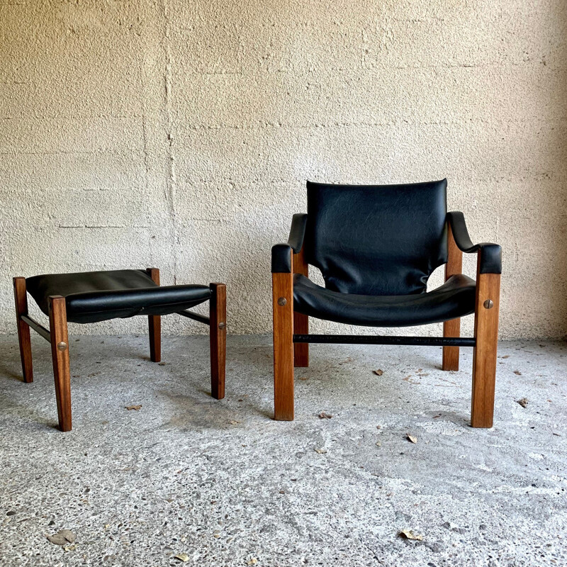 Vintage safari armchair and ottoman by Maurice Burke for Arkana