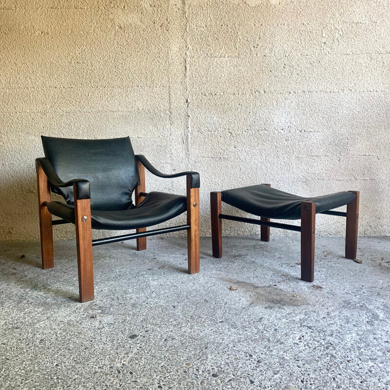 Vintage safari armchair and ottoman by Maurice Burke for Arkana