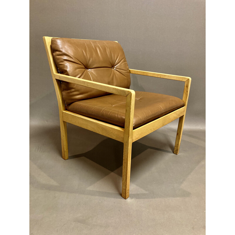 Vintage Scandinavian leather and beechwood armchair, 1950s