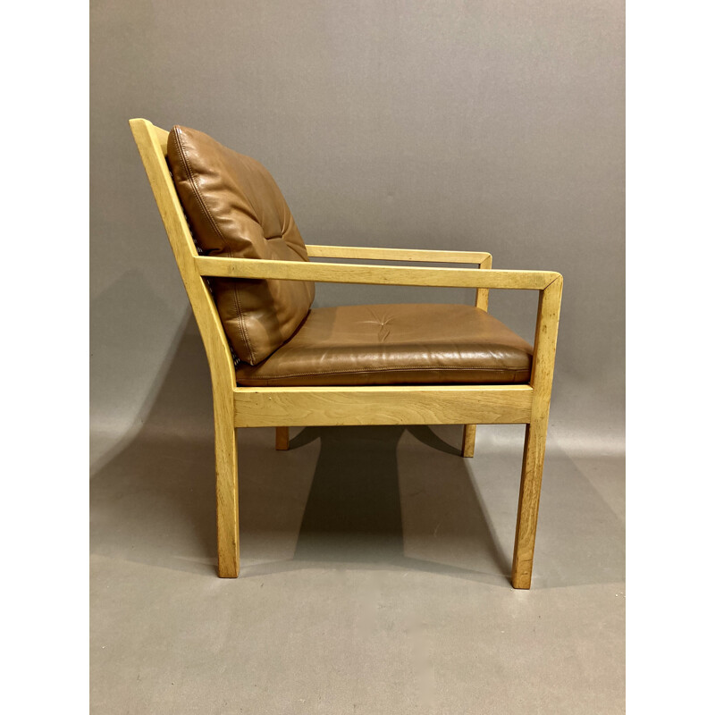 Vintage Scandinavian leather and beechwood armchair, 1950s