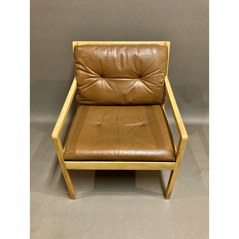 Fauteuil scandinave vintage en cuir et hêtre, 1950