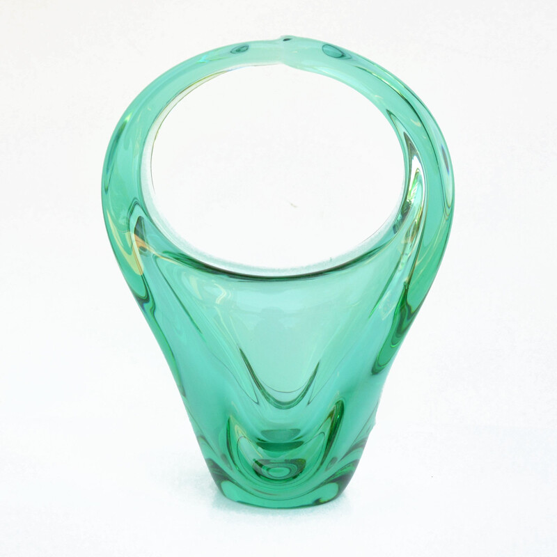 Vase panier vintage en verre par M. Klinger pour Zelezna Brod Sklo, Tchécoslovaquie 1960