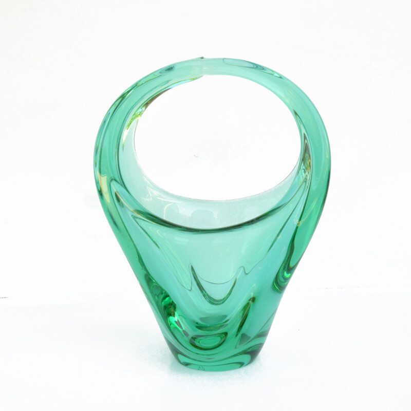 Vintage glass basket vase by M. Klinger for Zelezna Brod Sklo, Czechoslovakia 1960