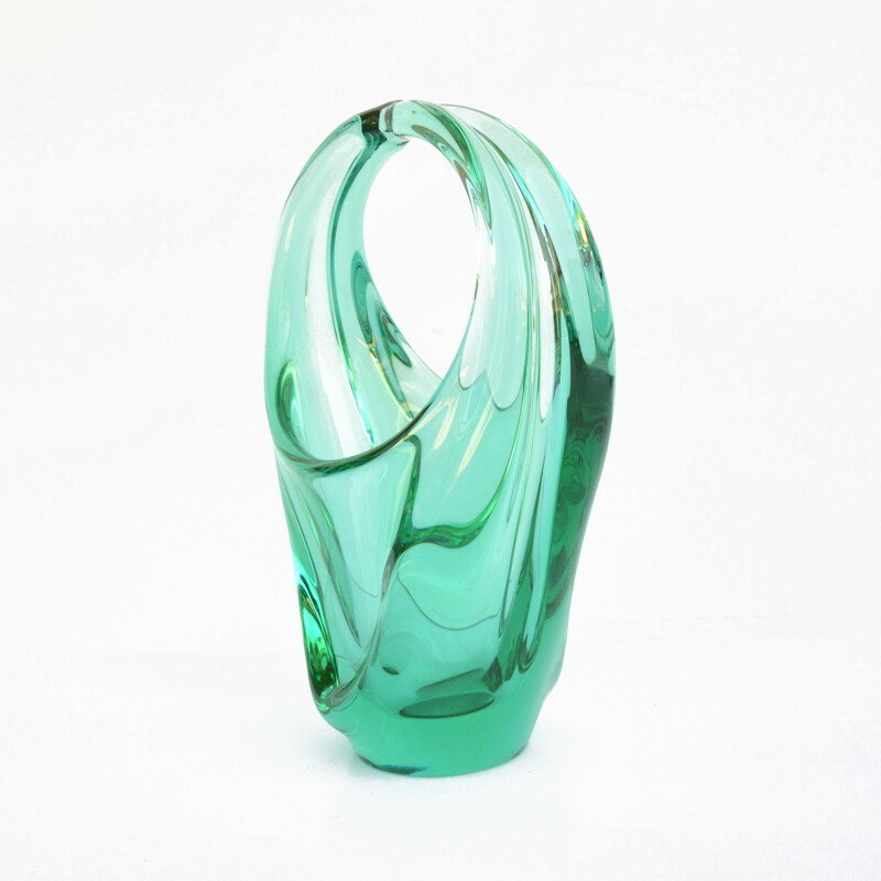 Vintage glass basket vase by M. Klinger for Zelezna Brod Sklo, Czechoslovakia 1960