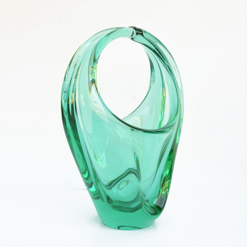 Vintage glass basket vase by M. Klinger for Zelezna Brod Sklo, Czechoslovakia 1960