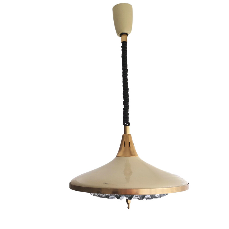 Vintage cream metal and gold crystal pendant light, 1960