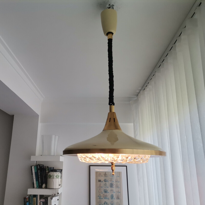 Candeeiro suspenso em metal creme Vintage e cristal dourado, 1960