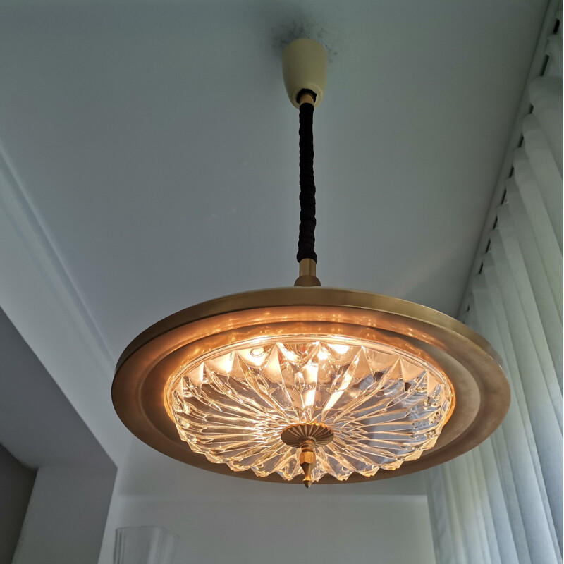 Candeeiro suspenso em metal creme Vintage e cristal dourado, 1960