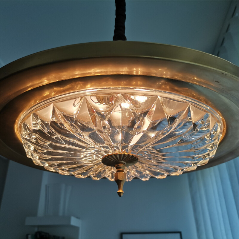 Vintage cream metal and gold crystal pendant light, 1960