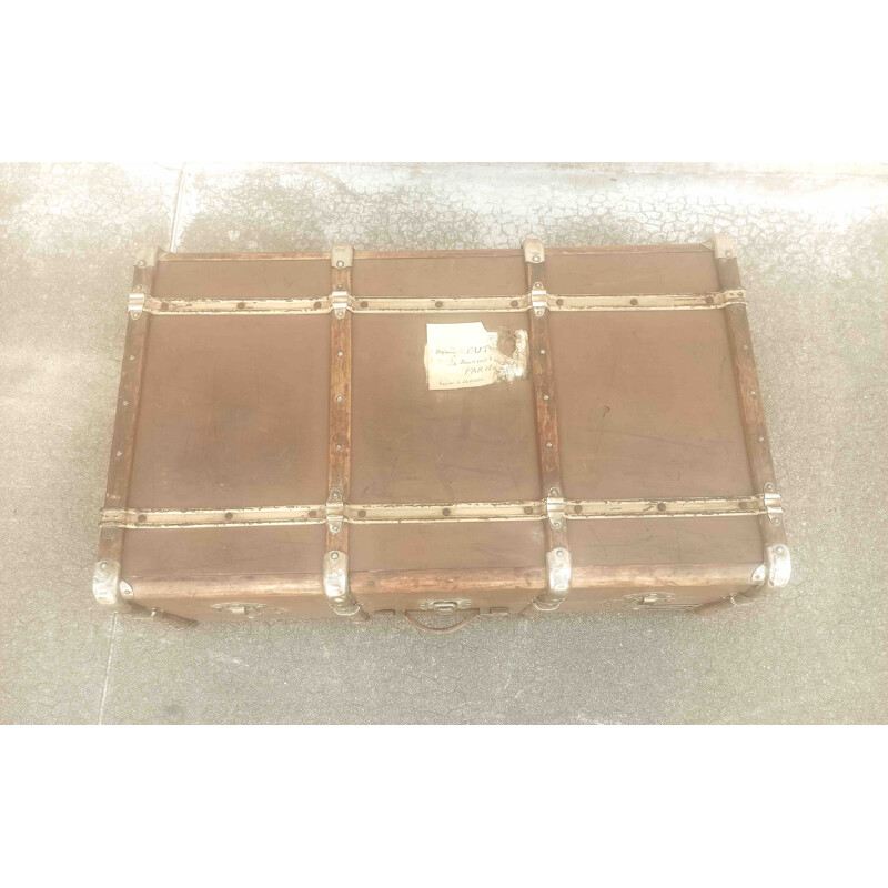 Vintage trunk in wood, brass and leather, France 1930