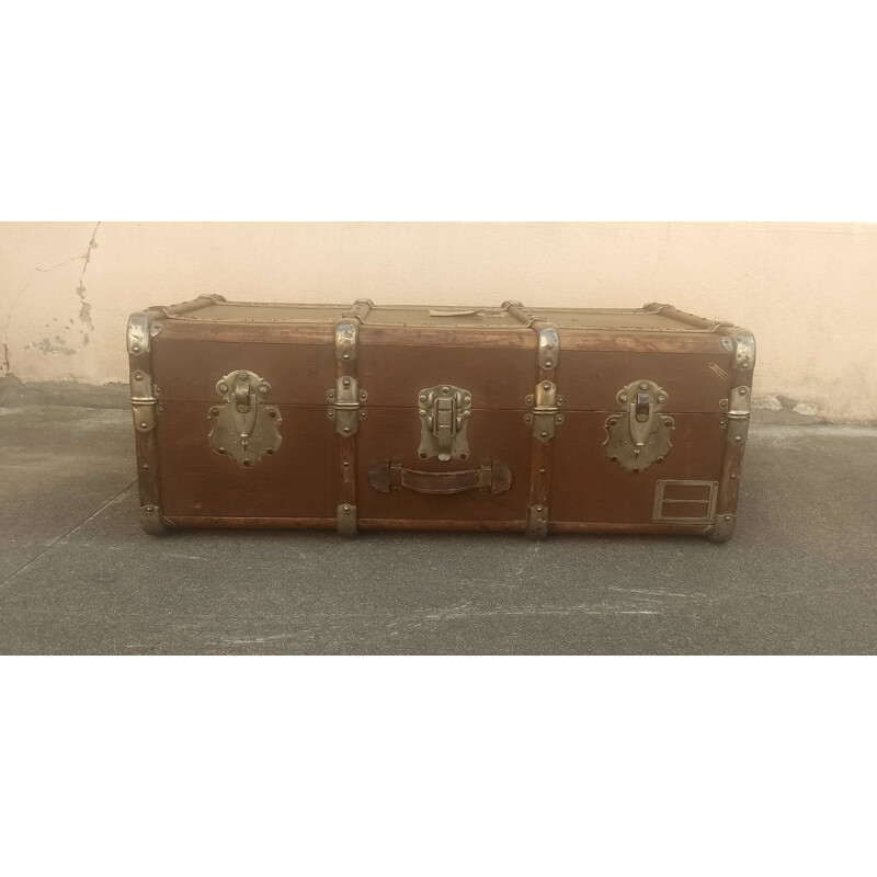 Vintage trunk in wood, brass and leather, France 1930