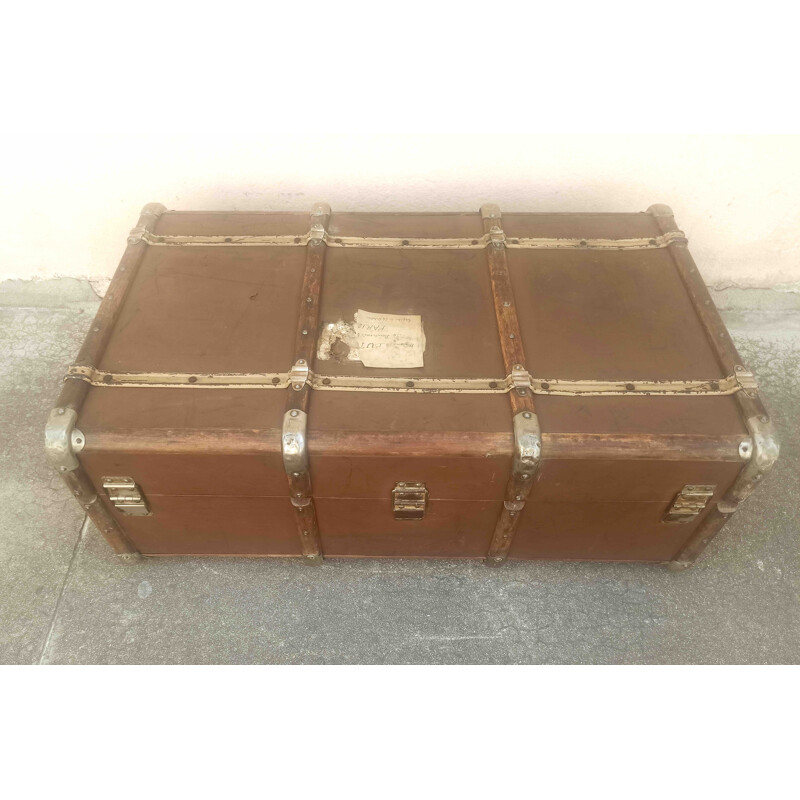 Vintage trunk in wood, brass and leather, France 1930