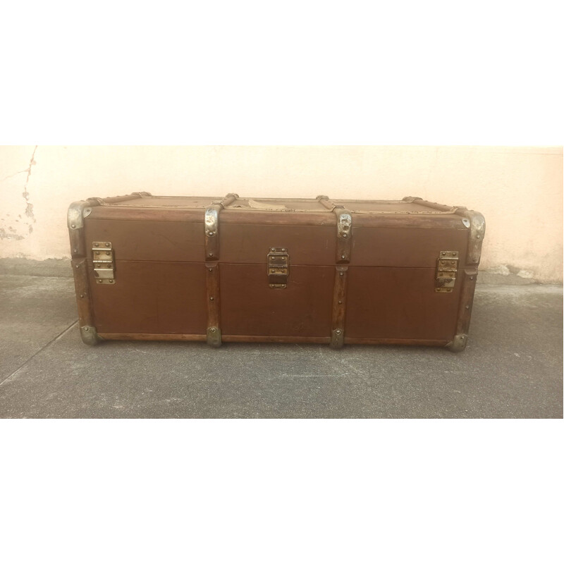 Vintage trunk in wood, brass and leather, France 1930