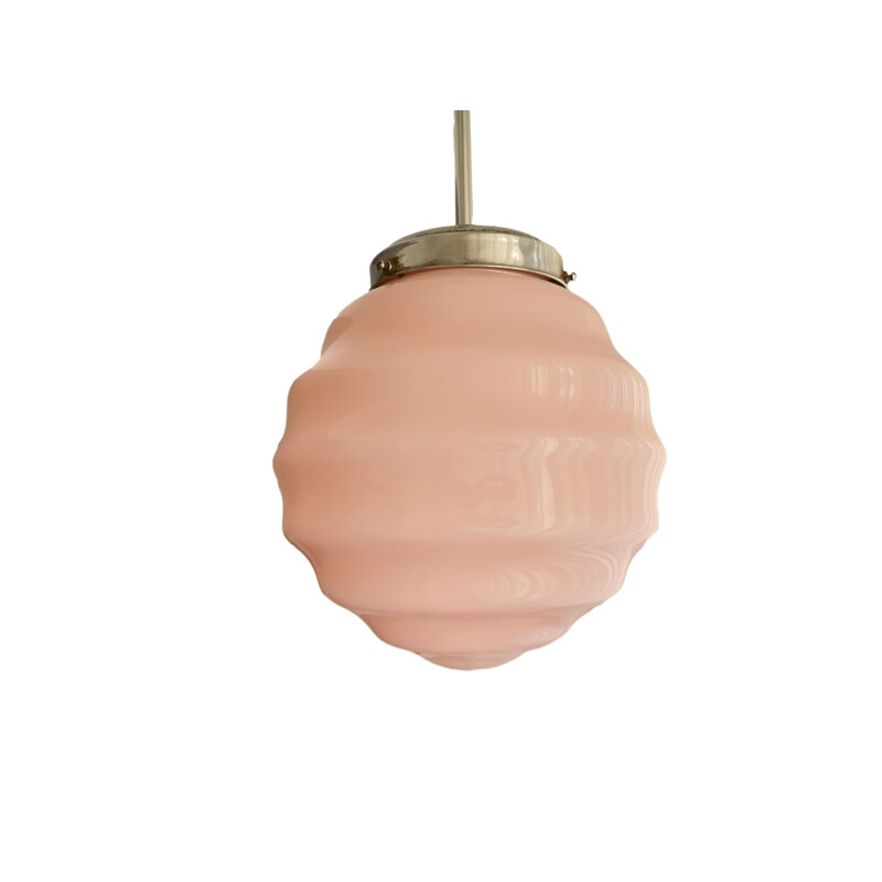 Vintage Art Deco pink opal ribbed glass pendant lamp, 1940s