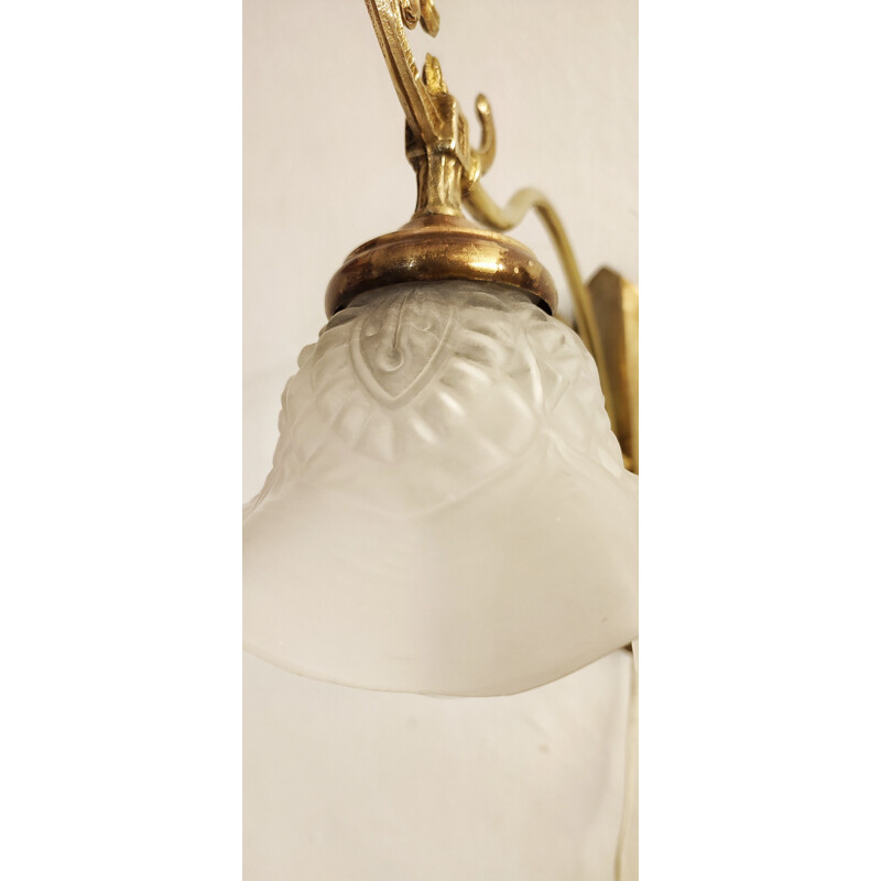 Vintage bronze wall lamp with white glass lampshade, Spain 1930s