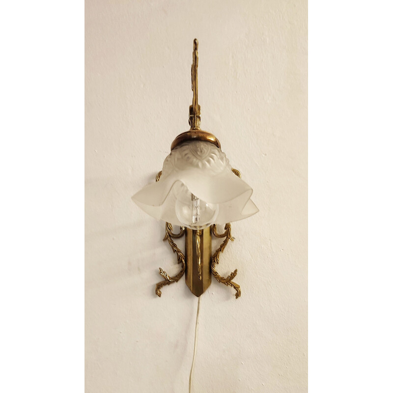 Vintage bronze wall lamp with white glass lampshade, Spain 1930s