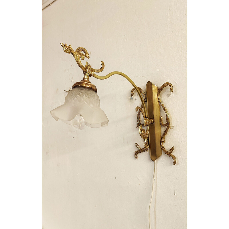 Vintage bronze wall lamp with white glass lampshade, Spain 1930s