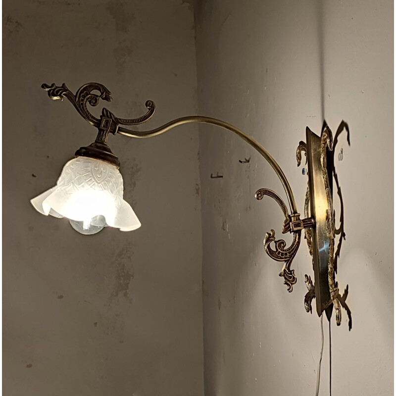 Vintage bronze wall lamp with white glass lampshade, Spain 1930s