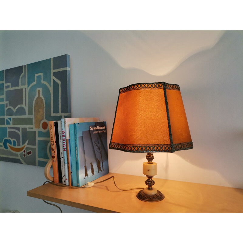 Vintage French country brown bronze and marble table lamp, 1940s