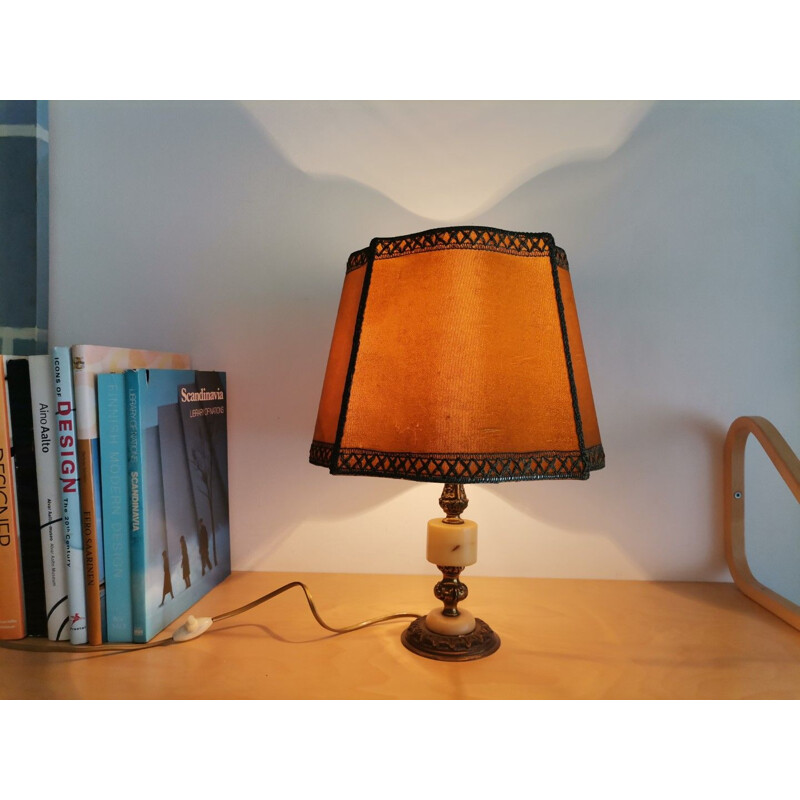 Vintage French country brown bronze and marble table lamp, 1940s