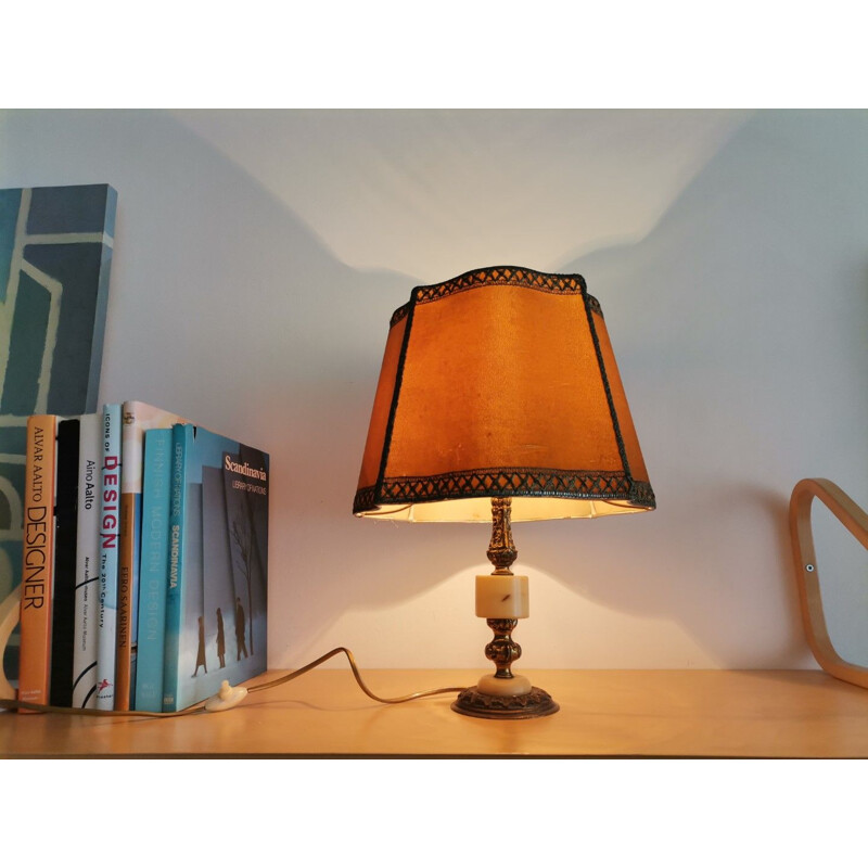 Vintage French country brown bronze and marble table lamp, 1940s