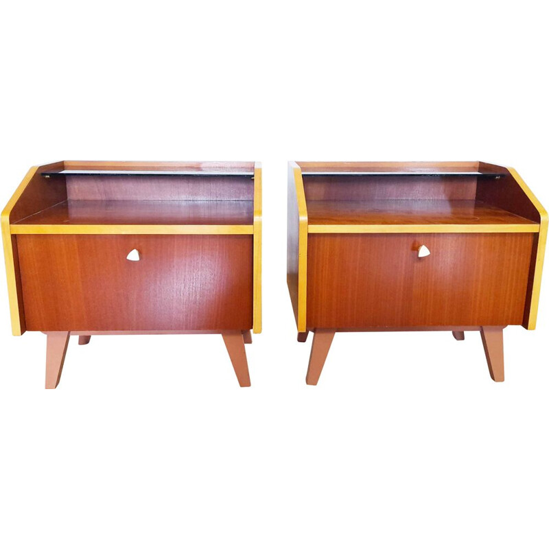 Pair of vintage glass and wood night stands, 1960-1970