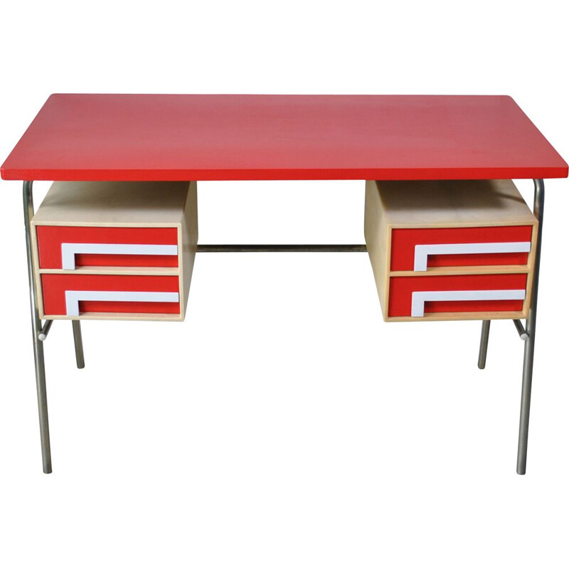 Vintage red desk with 4 drawers, 1970