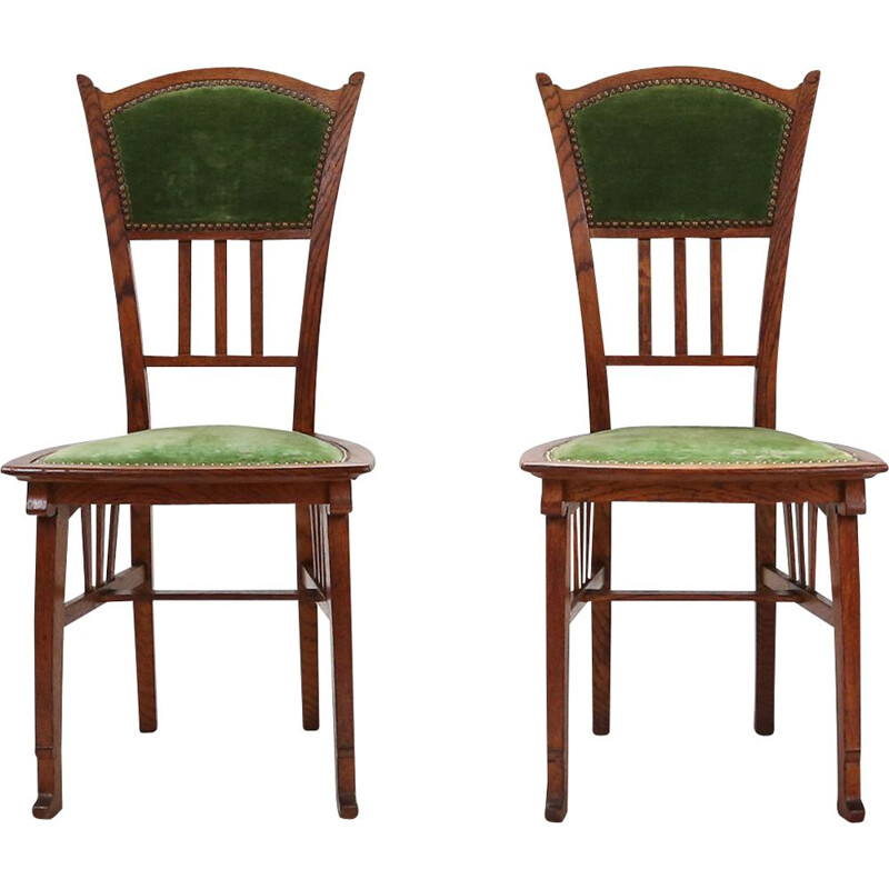Pair of vintage oak wood and velvet chairs by Gustave Serrurier-Bovy, 1900