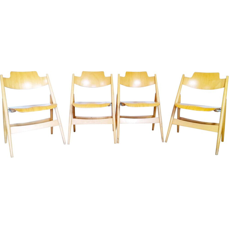 Set of 4 vintage solid stained beech folding chairs by Egon Eiermann for Wilde Spieth, Germany 1960