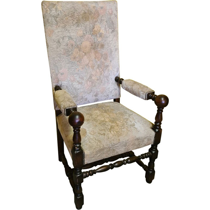 Dutch vintage dark stained solid oakwood armchair with a floral upholstery, 1980s