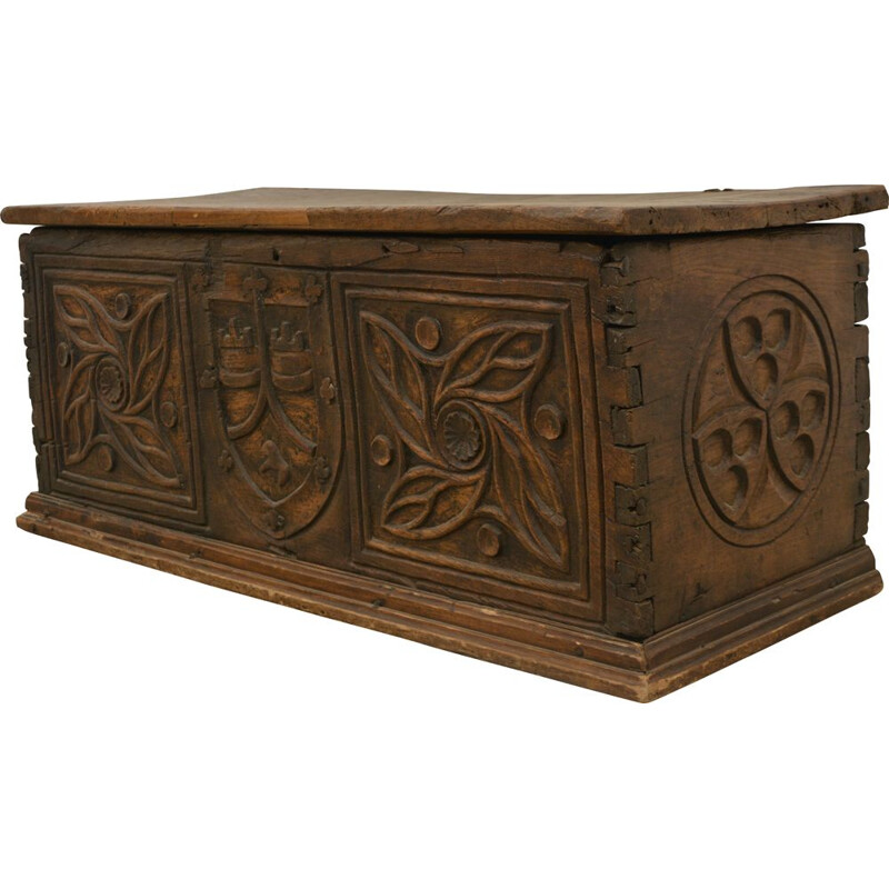 Vintage medieval carved oakwood chest