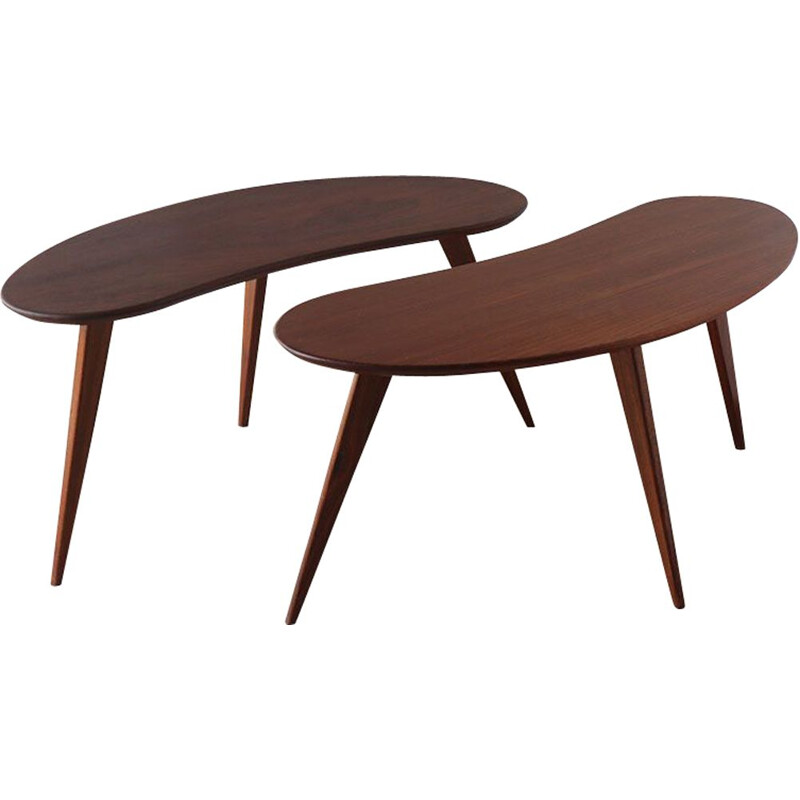 Pair of vintage wooden "bean" tripod coffee tables, 1960s