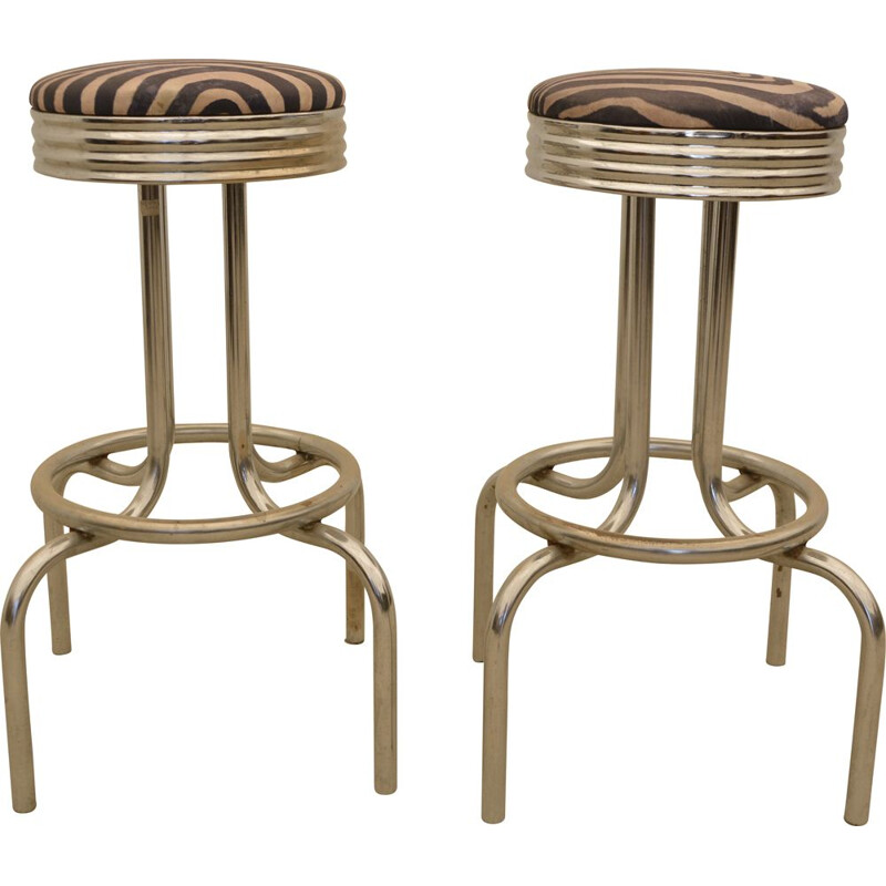 Pair of vintage bar stools in chrome and fabric, 1970