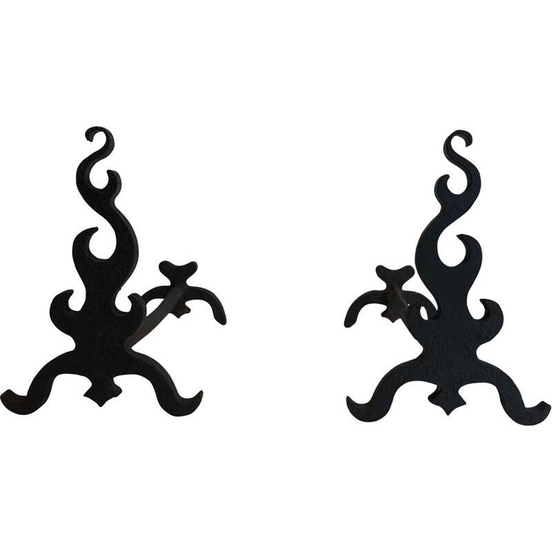 Pair of vintage cast iron and wrought iron andirons, France 1940