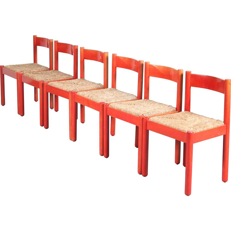 Ensemble de 6 chaises vintage en bois peint en rouge, France 1960