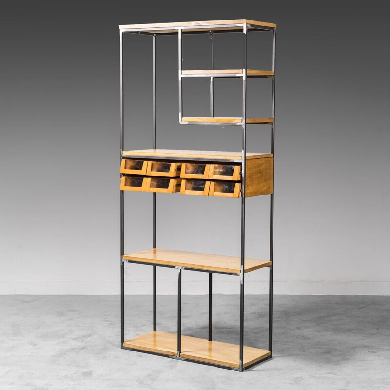 Vintage handcrafted iron and wood bookcase, 1970