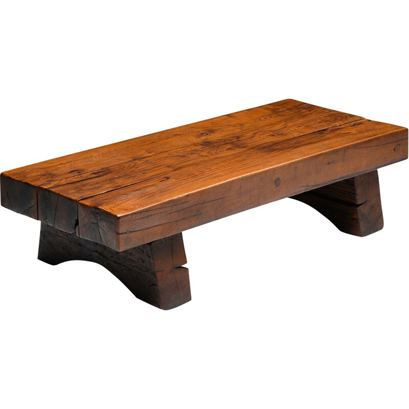 Vintage rectangular coffee table in solid wood Wabi-Sabi with screws, 1940