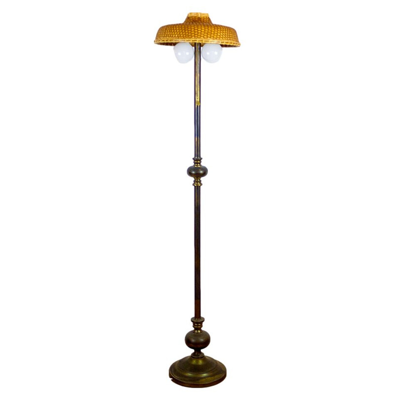 Vintage metalen vloerlamp met rieten kap, 1960