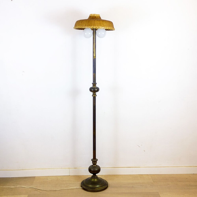 Vintage metal floor lamp with wicker shade, 1960
